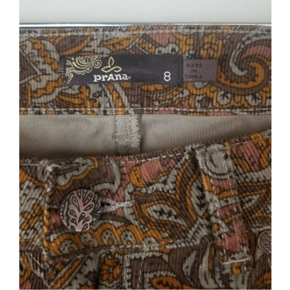 Prana Women Pants 8 Medium Skinny Corduroy Paisley Mid-Rise Brown Cotton - Picture 3 of 8